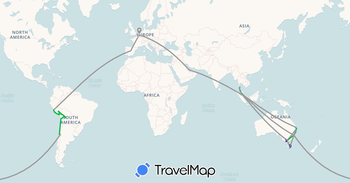 TravelMap itinerary: driving, bus, plane, train, hiking, boat in Australia, Belgium, Bolivia, Chile, Spain, Malaysia, Peru, Qatar, Singapore, Thailand (Asia, Europe, Oceania, South America)